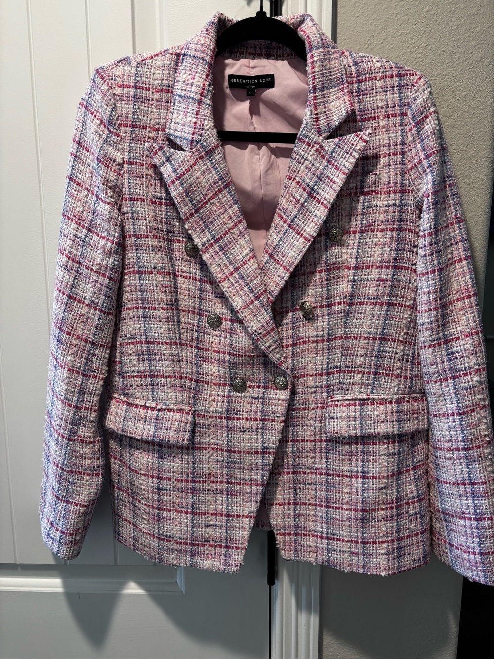 Generation Love Pink Plaid Tweed Double-Breasted Blazer Jacket